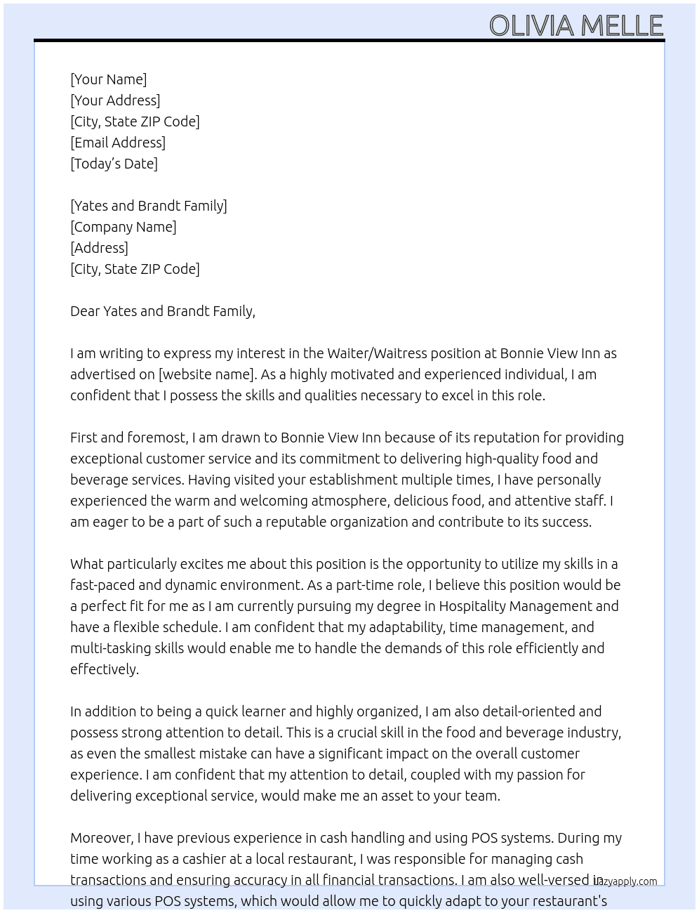 Waiter/Waitress - Food and Beverage Services At Bonnie View Inn Cover Letter