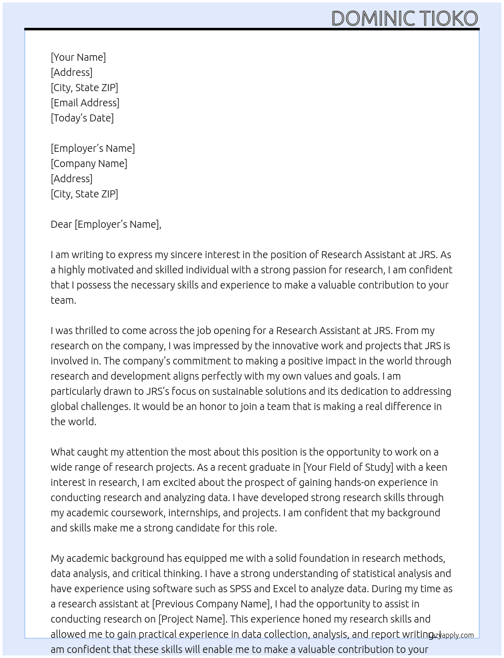 Research Assistant  At JRS Cover Letter