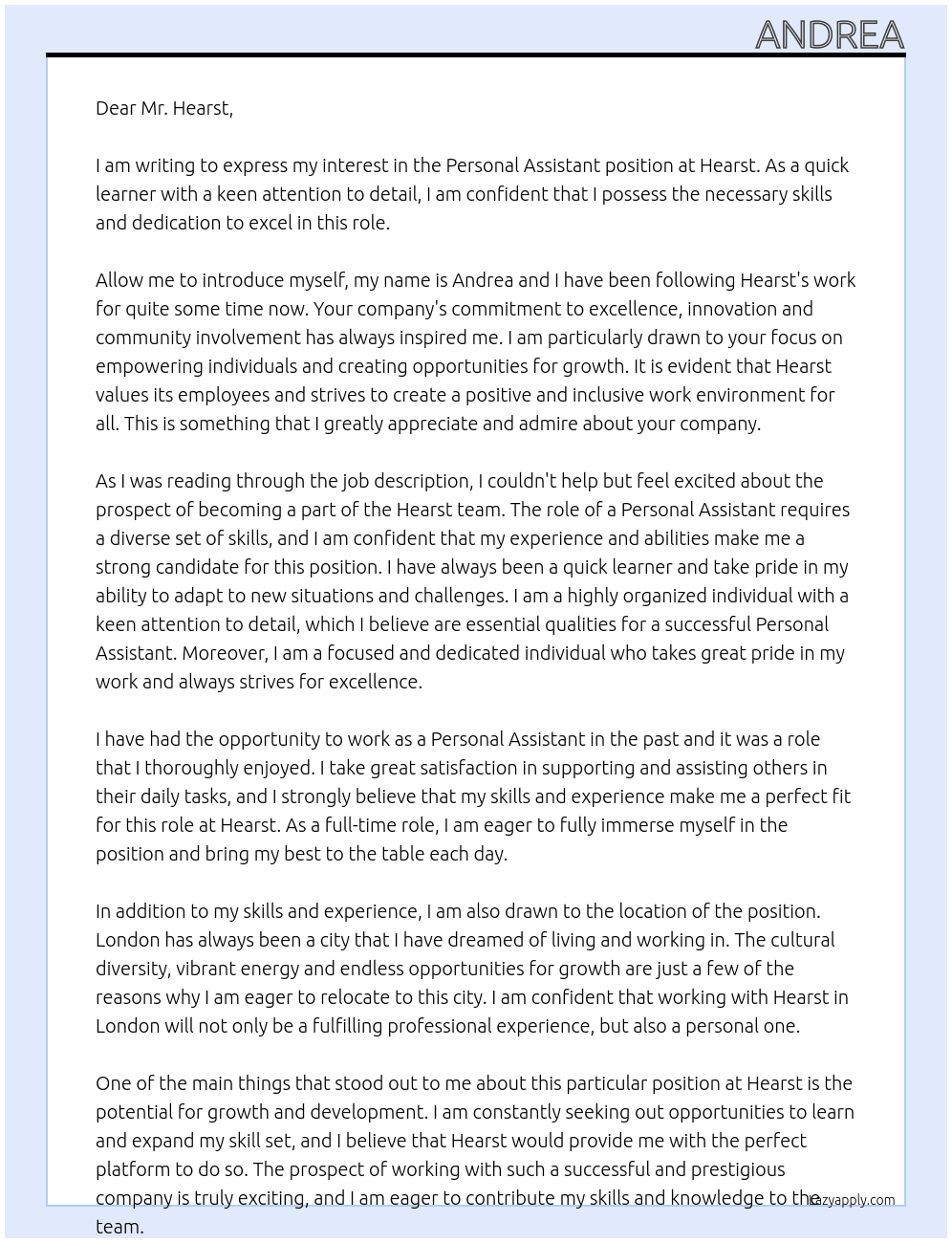 personal assistant At Hearst Cover Letter