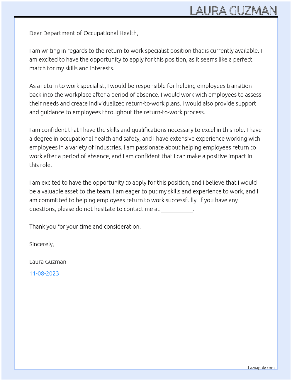 Return to work especialist At Kingston Health Sciences Center Cover Letter
