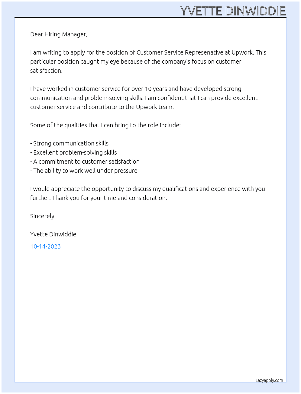 Customer Service Represenative At Upwork Cover Letter