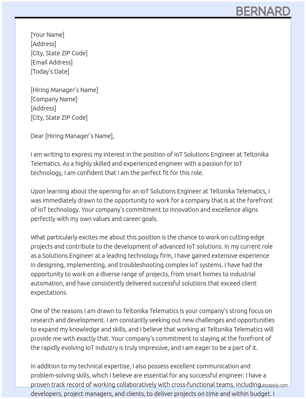 IoT SOLUTIONS ENGINEER At  Teltonika Telematics  Cover Letter