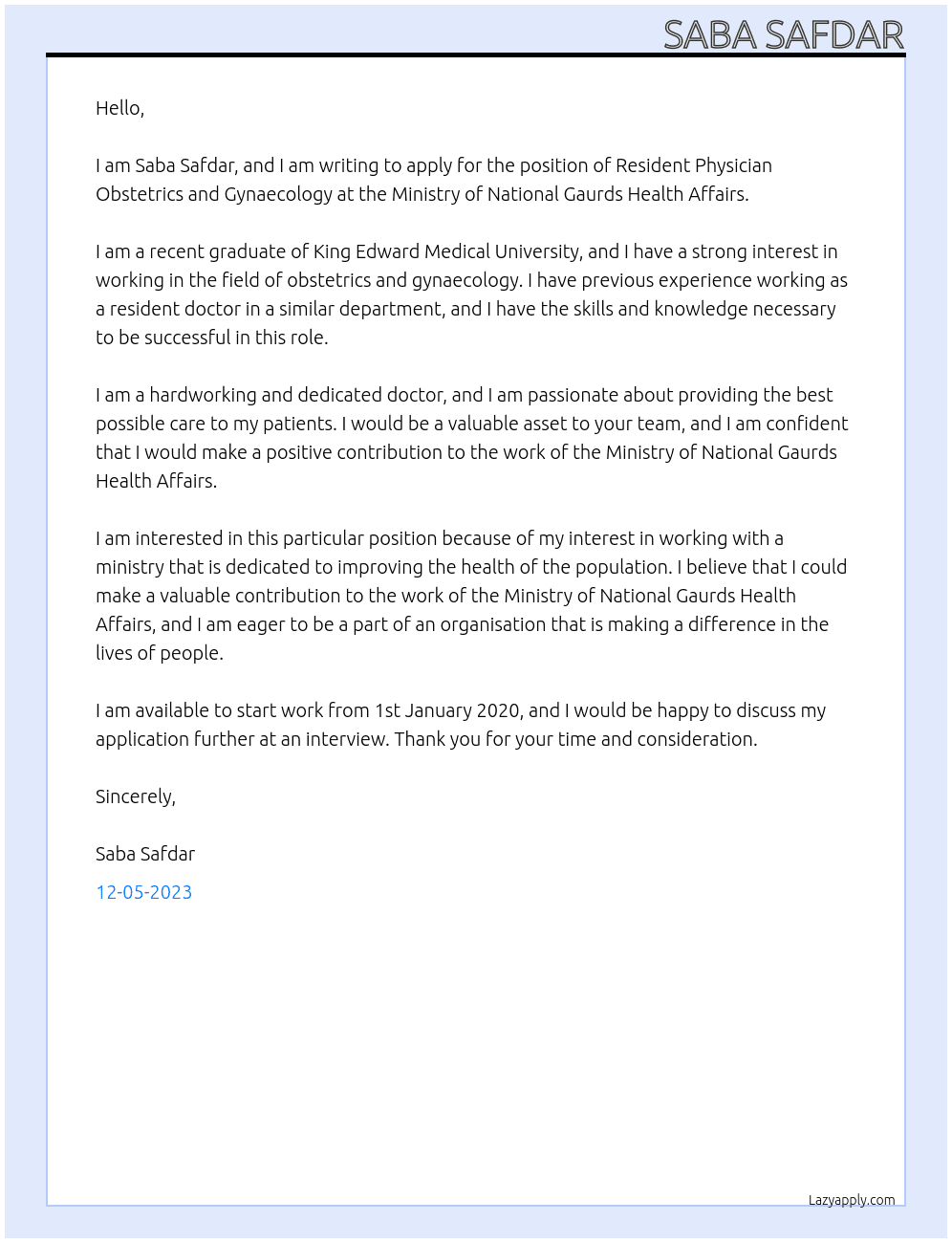 Resident Physician Obstetrics and Gynaecology At Ministry of National Gaurds Health Affairs Cover Letter
