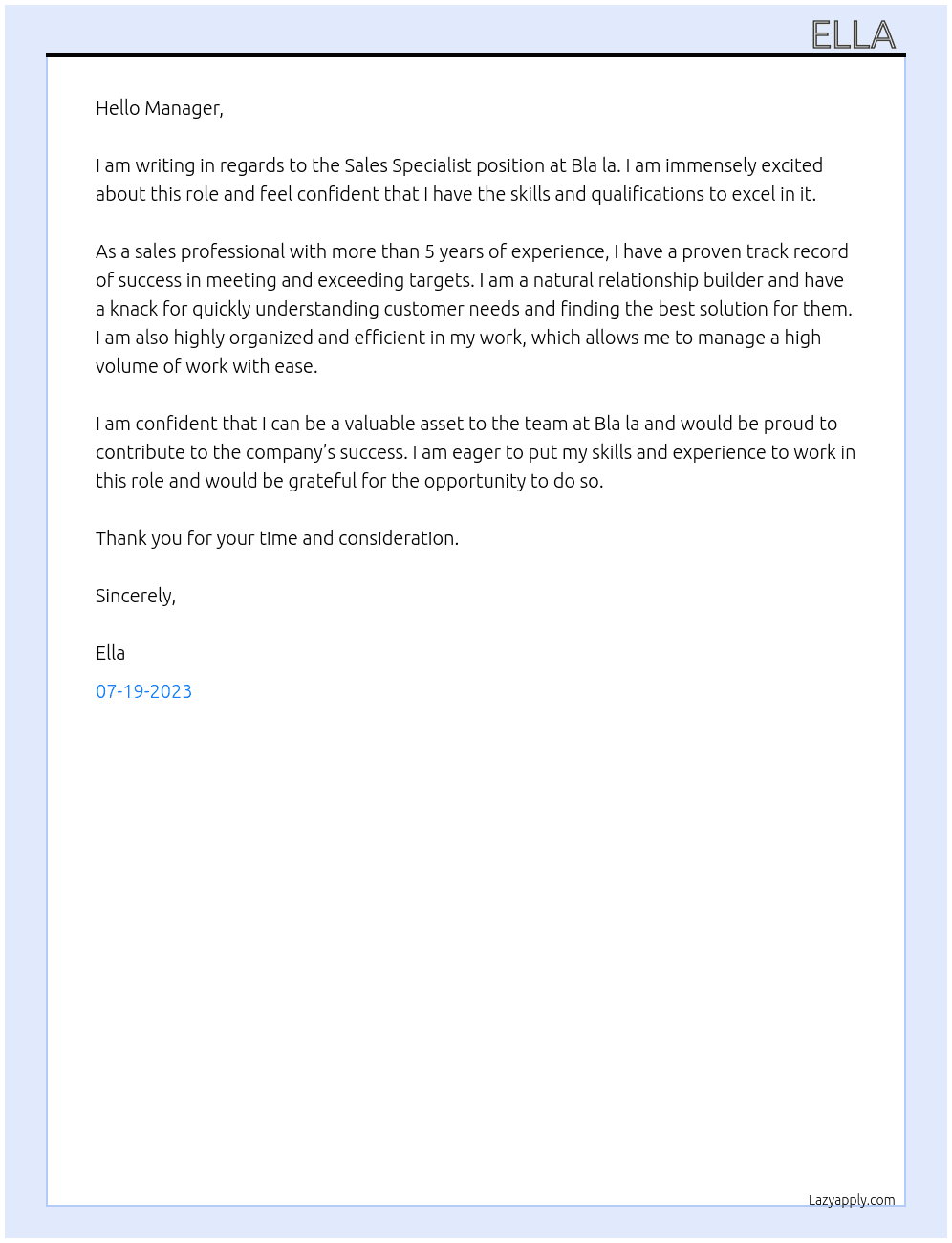 Sales specialist  At Bla la  Cover Letter