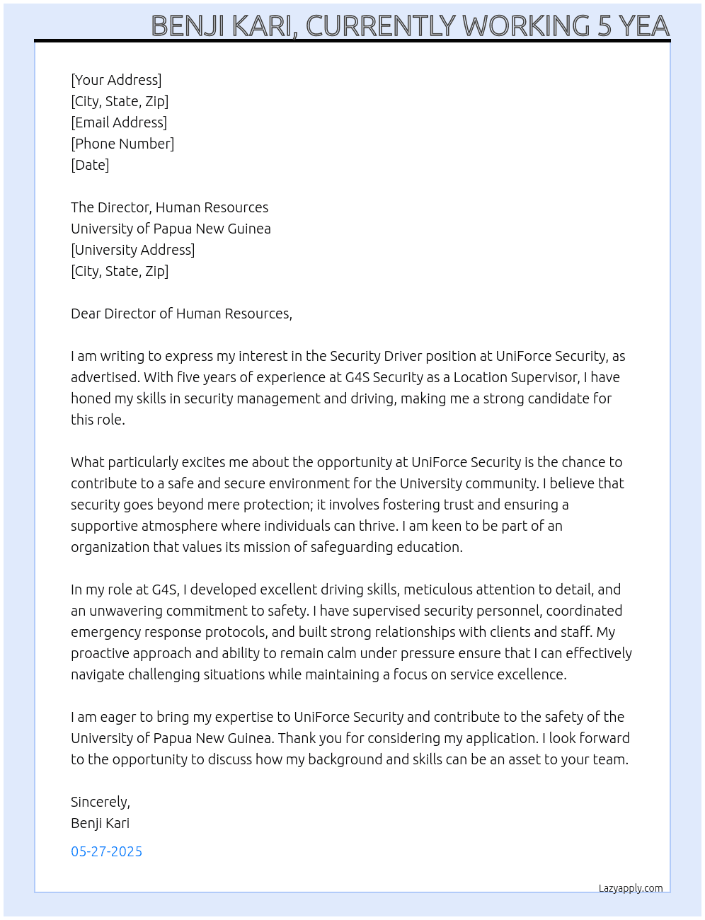 Cover letter for security driver - LazyApply