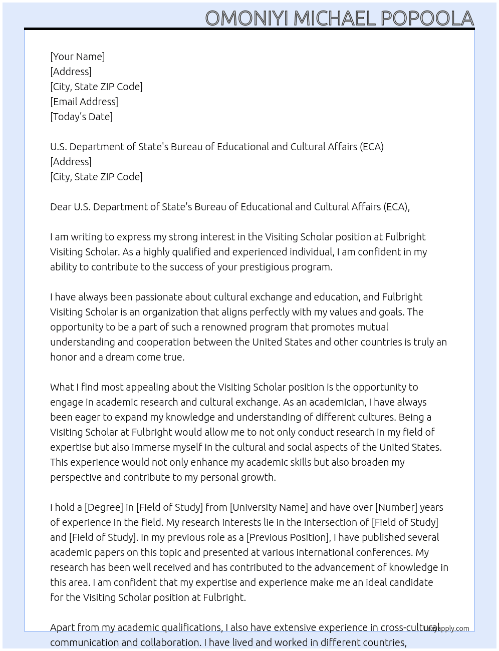 Visiting scholar At Fulbright Visiting Scholar  Cover Letter