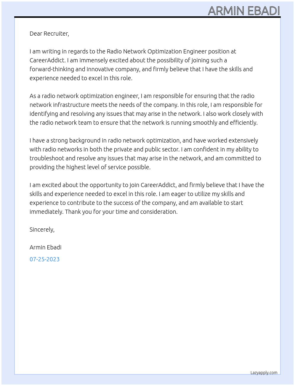 Radio Network Optimization Engineer At CareerAddict  Cover Letter