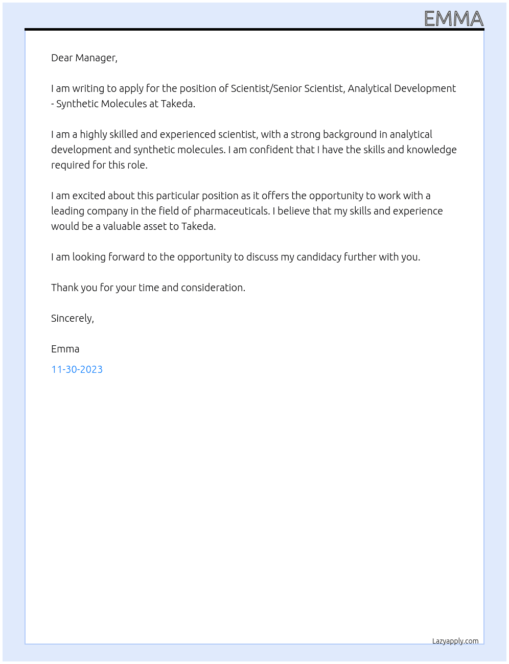 Scientist/Senior Scientist, Analytical Development - Synthetic Molecules At Takeda Cover Letter