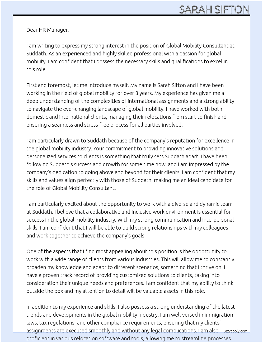 Global Mobility Consultant At Suddath Cover Letter