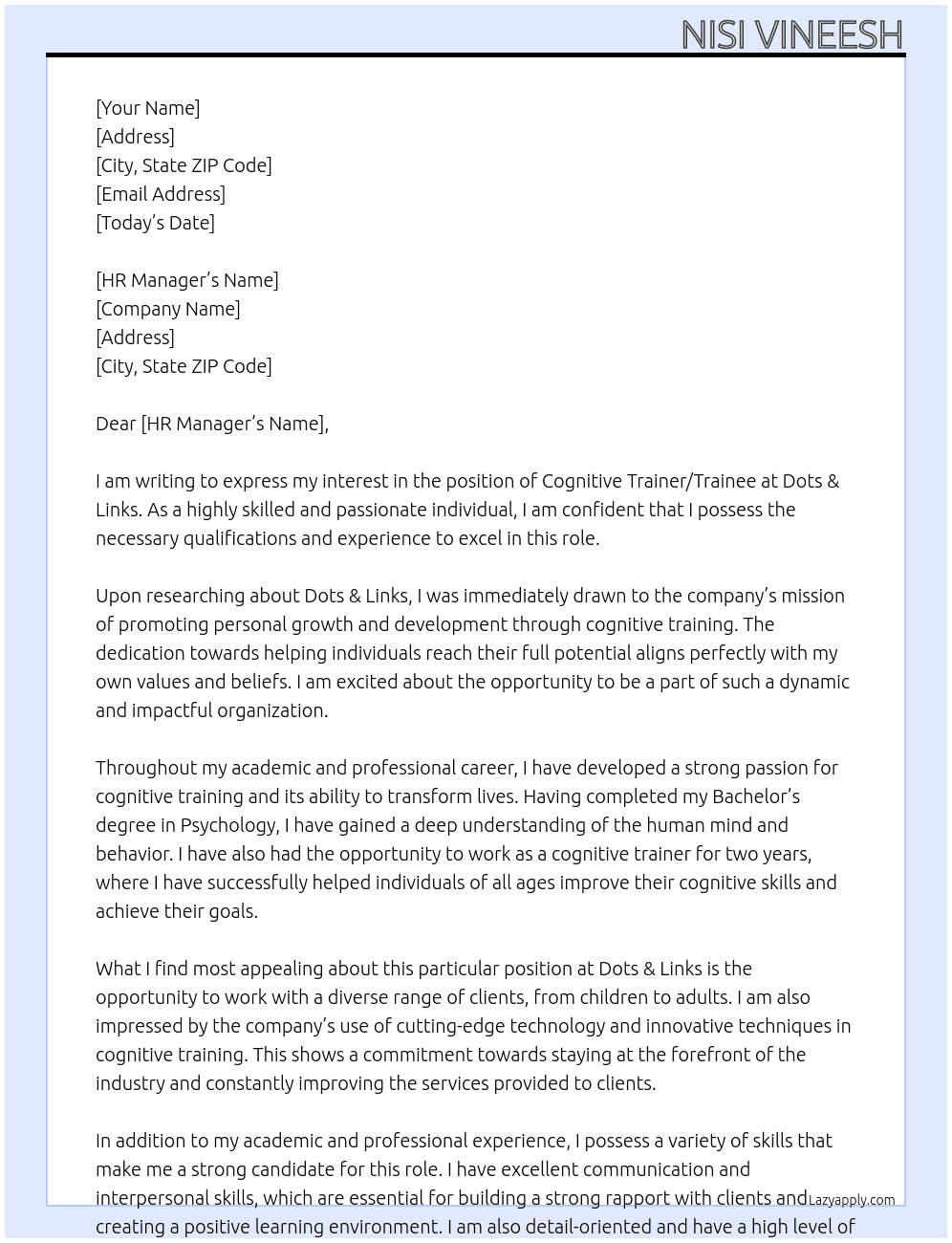 Cognitive Trainer/Trainee At Dots & Links  Cover Letter