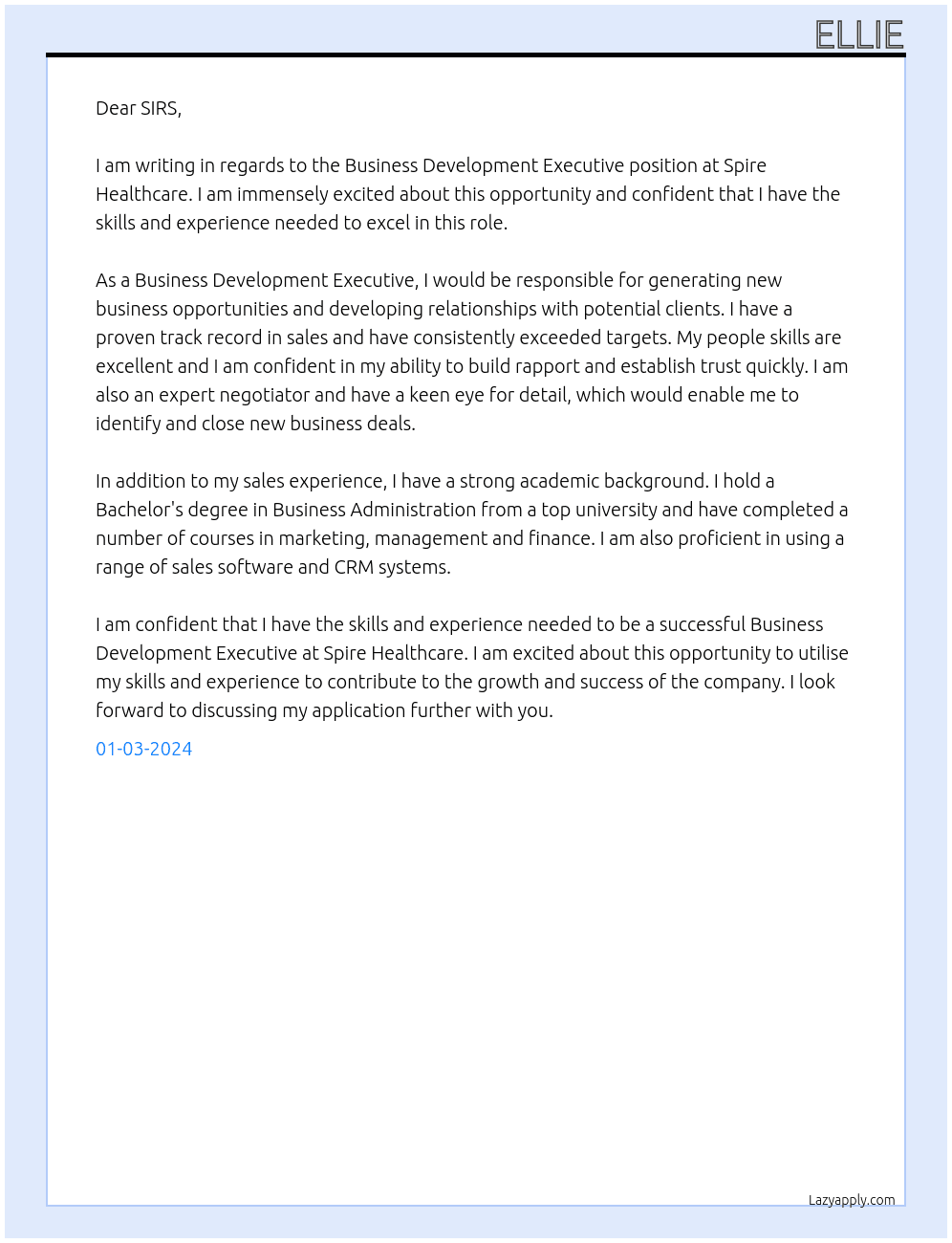 BUSINESS DEVELOPMENT EXECUTIVE At SPIRE HEALTHCARE Cover Letter
