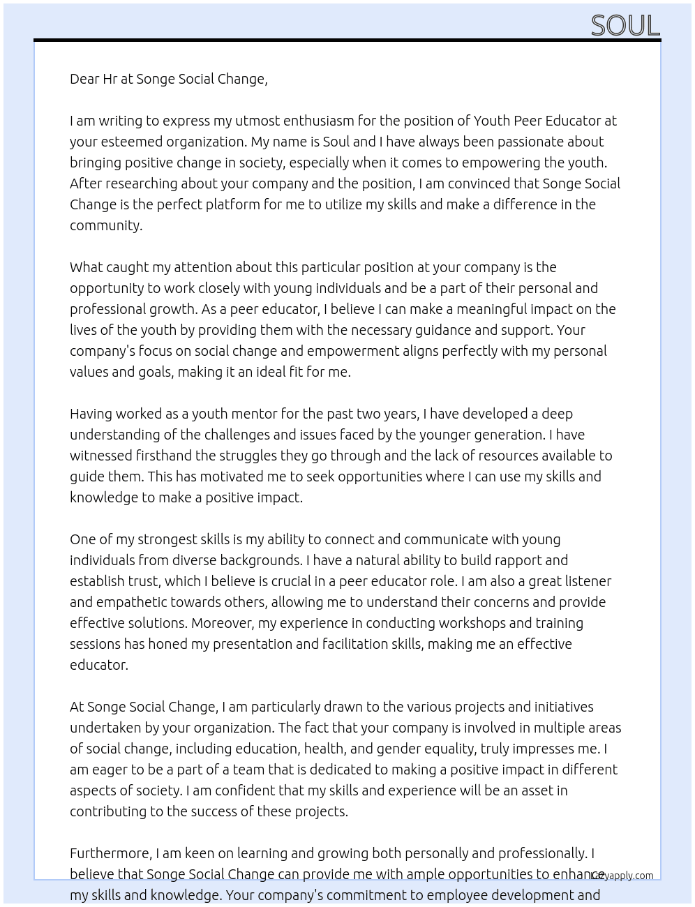 Youth peer educator At Songe Social Change Cover Letter