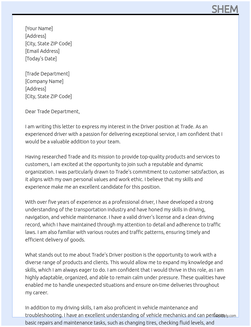 Driver At Trade Cover Letter