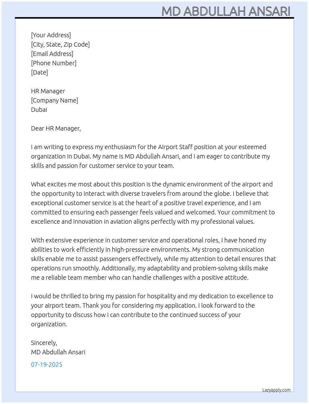 Airport staff  At Dubai Cover Letter
