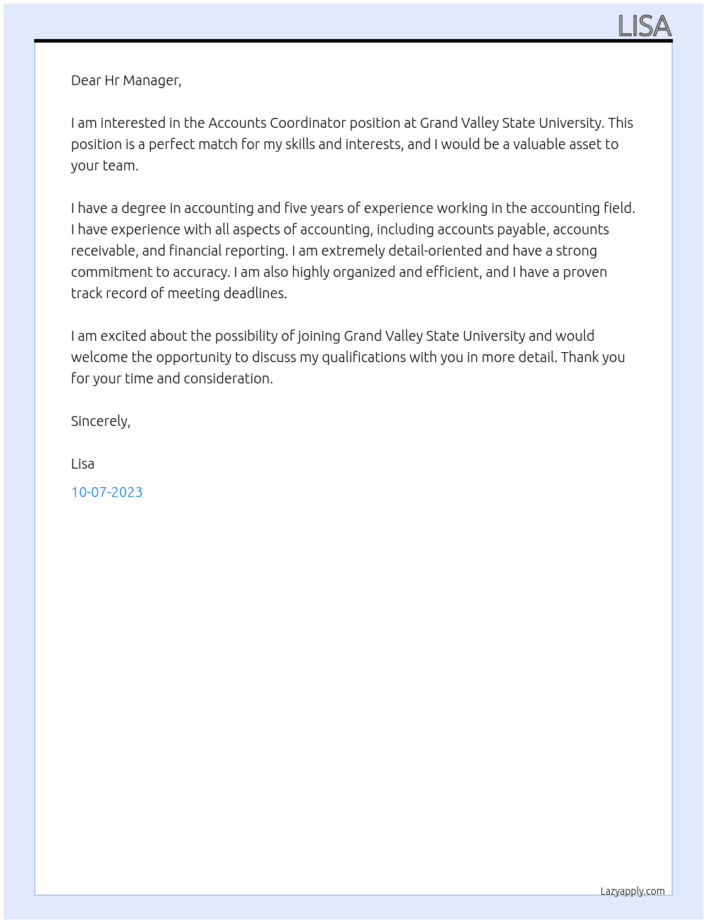 Accounts Coordinator At Grand Valley State University Cover Letter