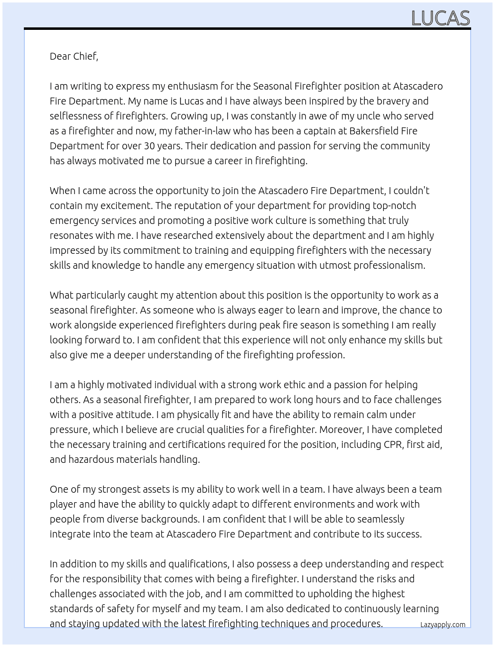 Seasonal Firefighter At Atascadero Fire Department  Cover Letter
