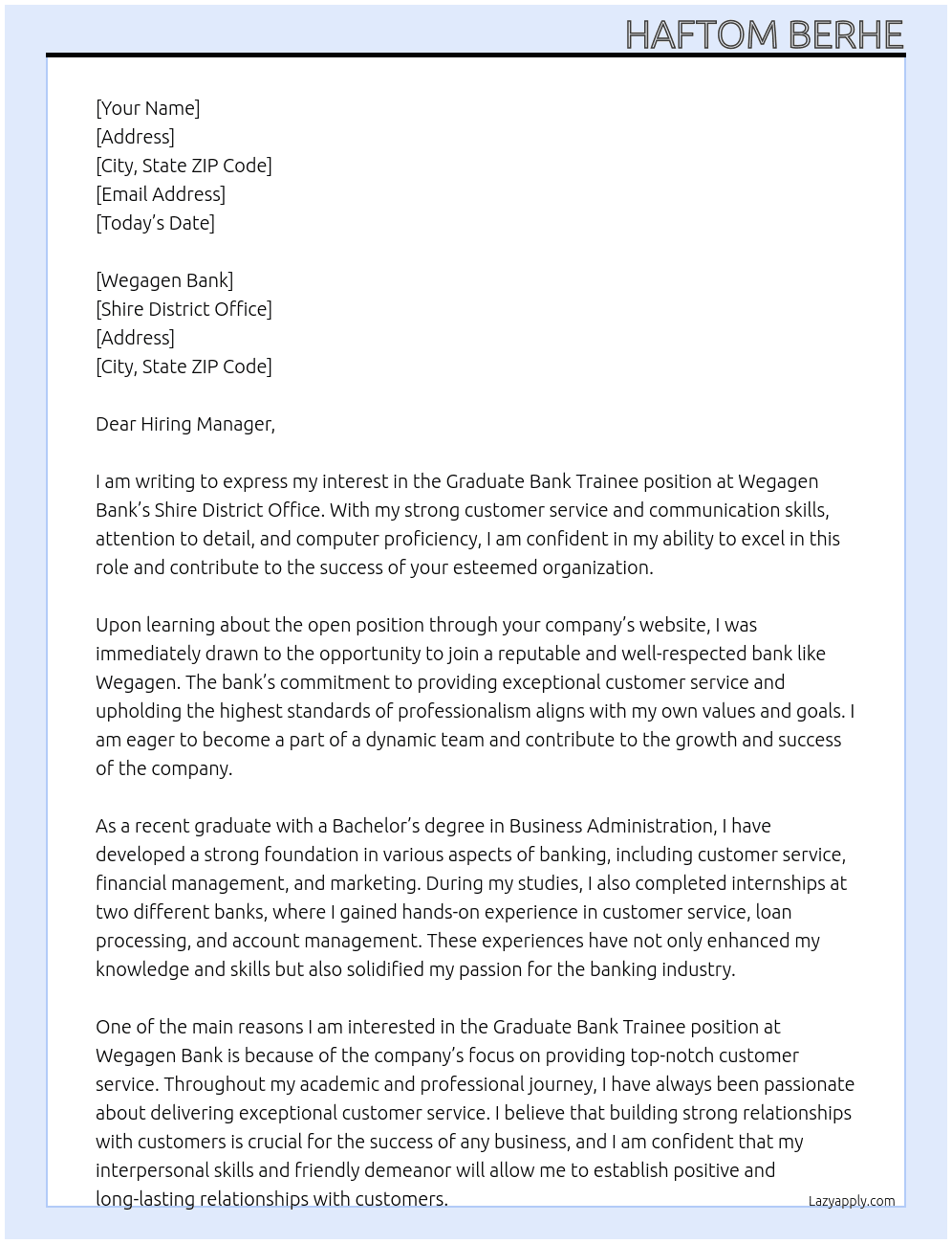 Graduate Bank trainee At Wegagen Bank Cover Letter