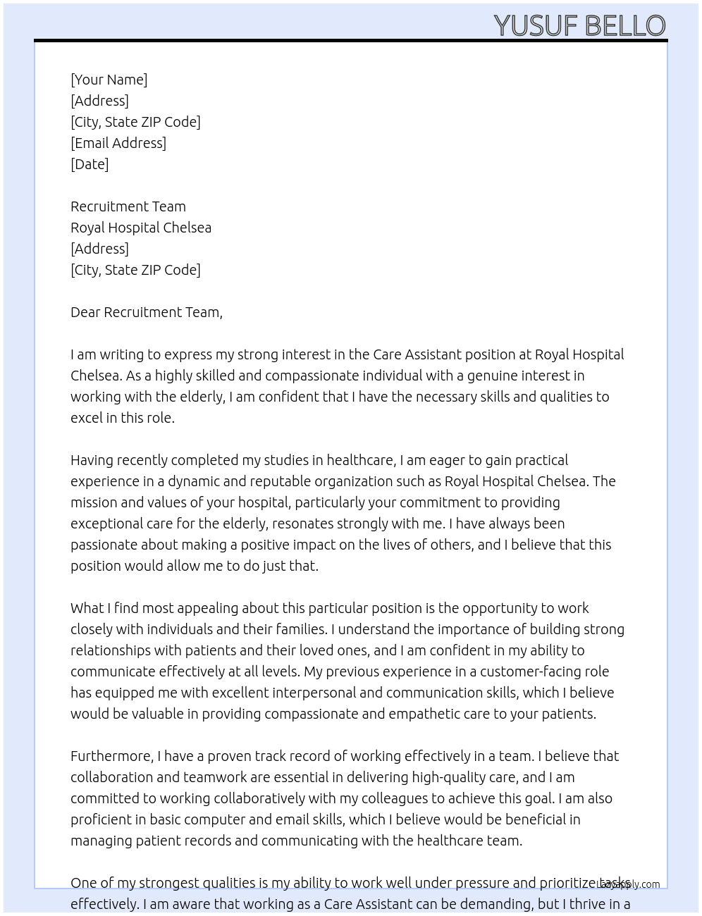Care Assistant At Royal Hospital Chelsea Cover Letter