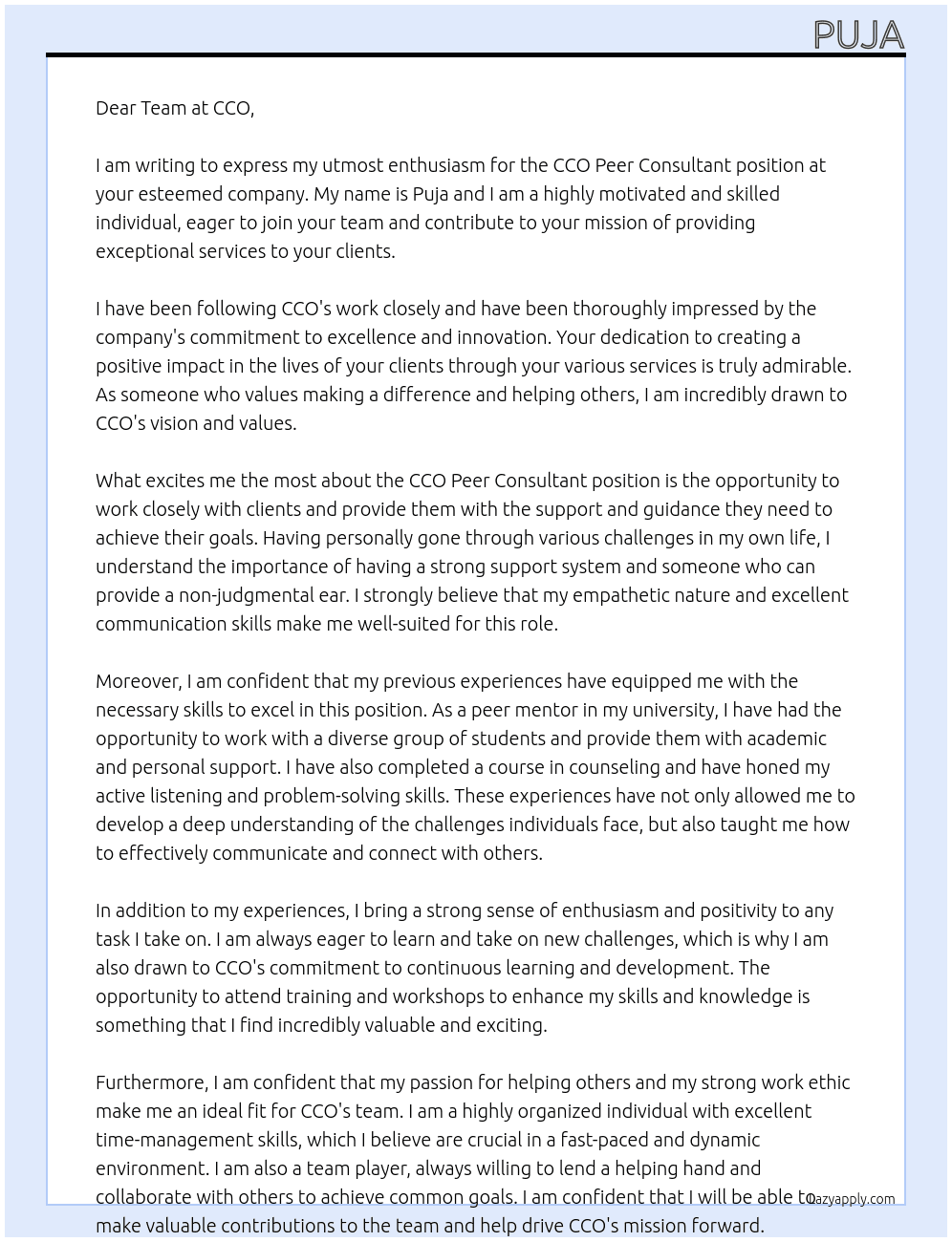  CCO Peer Consultant At CCO Cover Letter