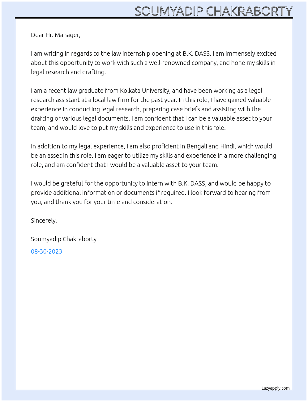 law internship At B.K. DASS Cover Letter
