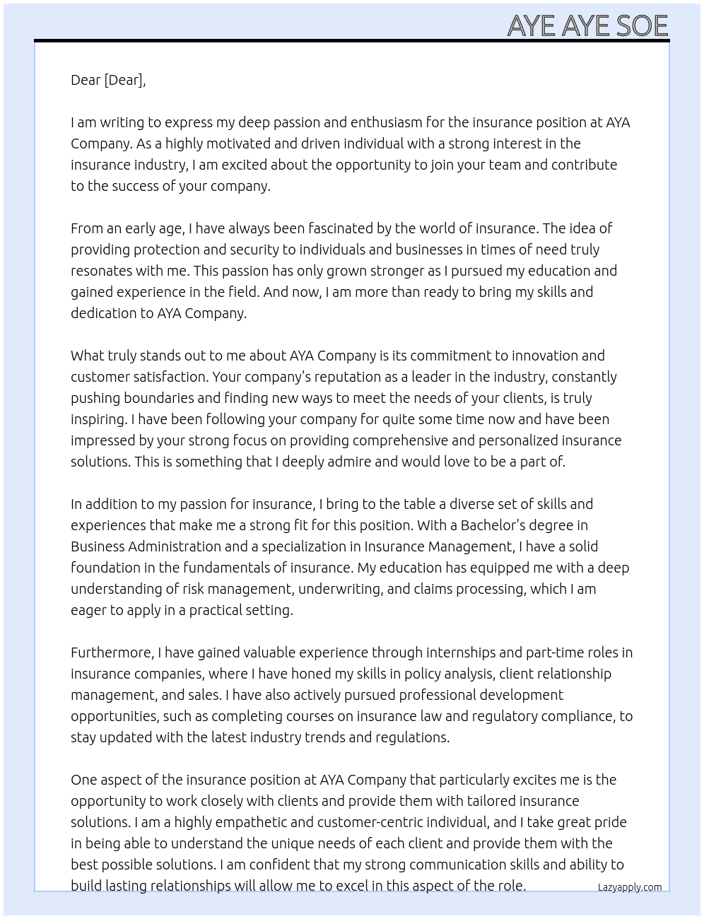 insurance At AYA Company Cover Letter