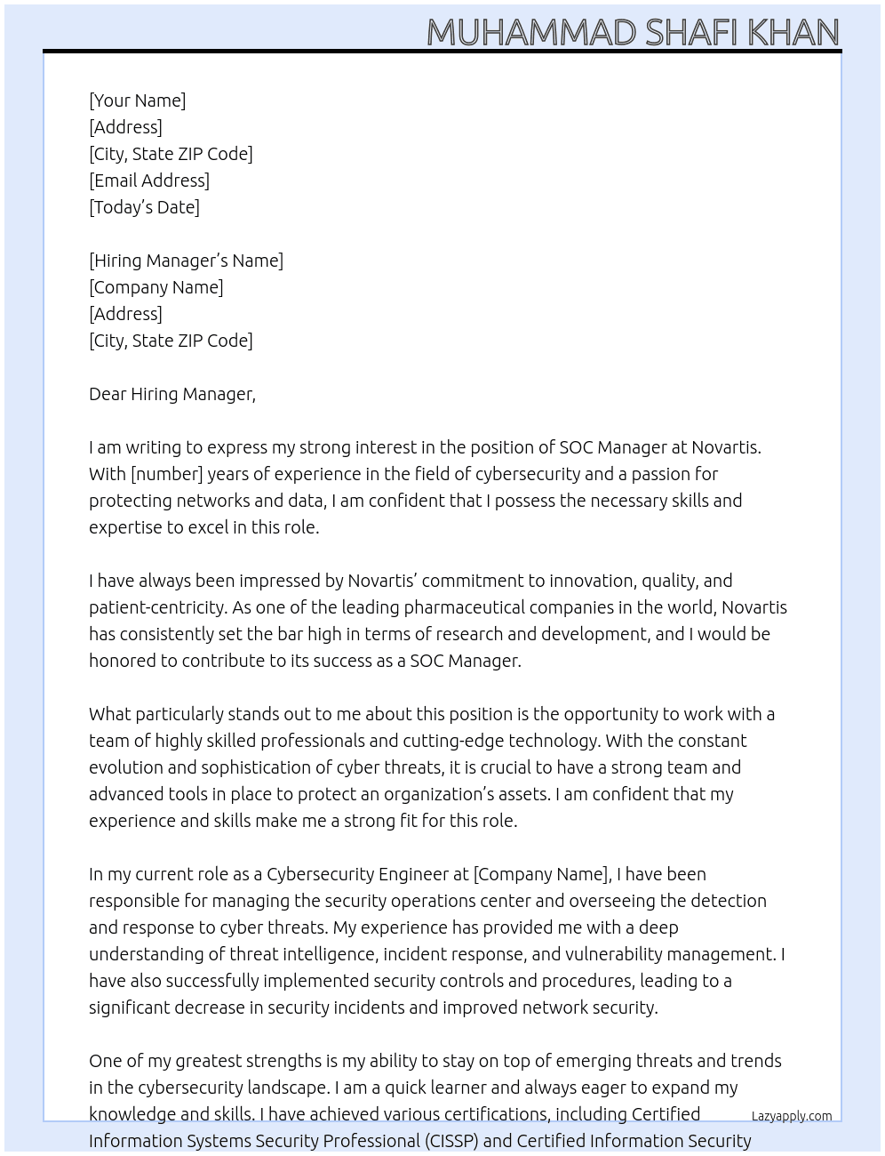 SOC Manager At Novartis Cover Letter