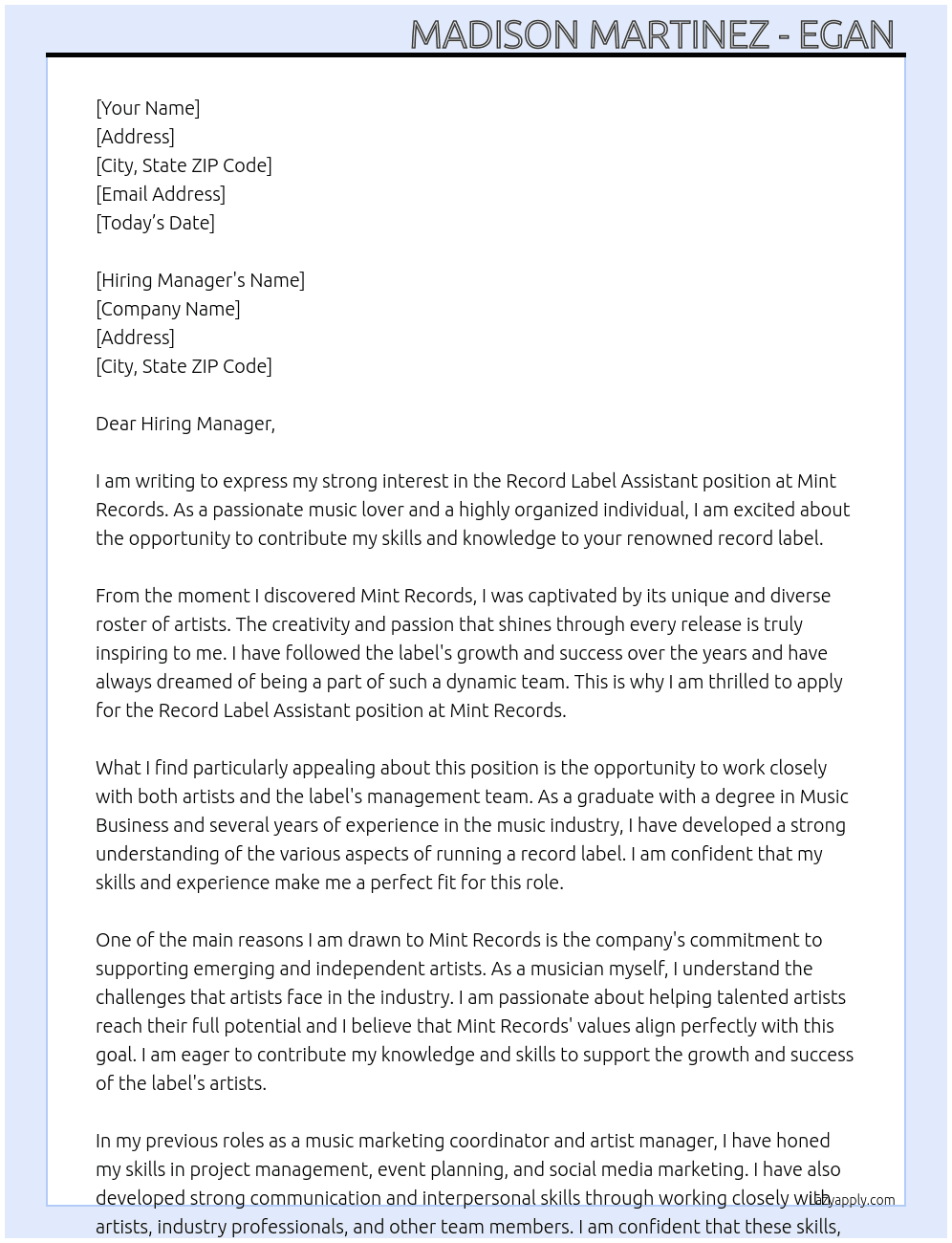 Record label assistant  At Mint records  Cover Letter