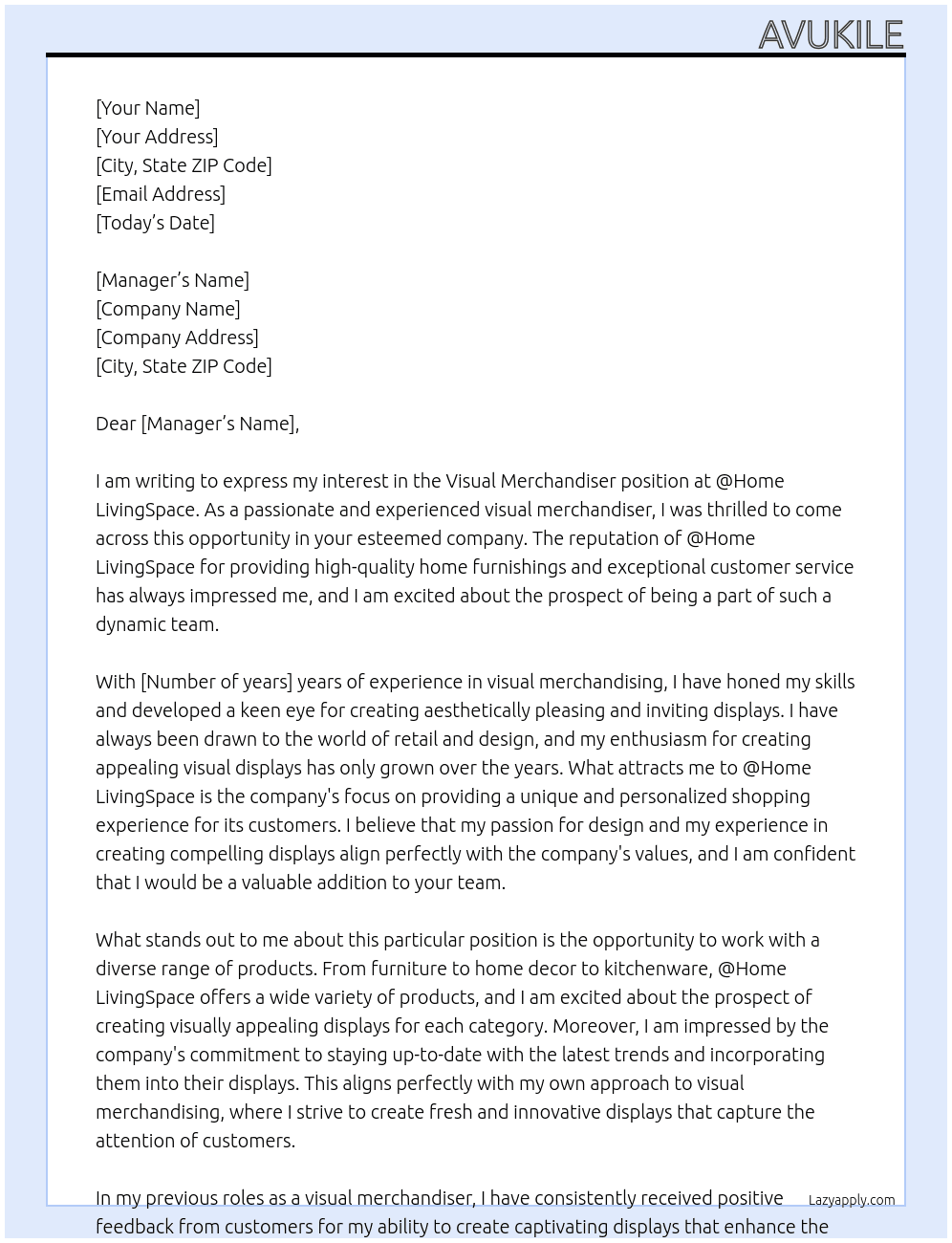 Visual merchandiser At @Home LivingSpace Cover Letter