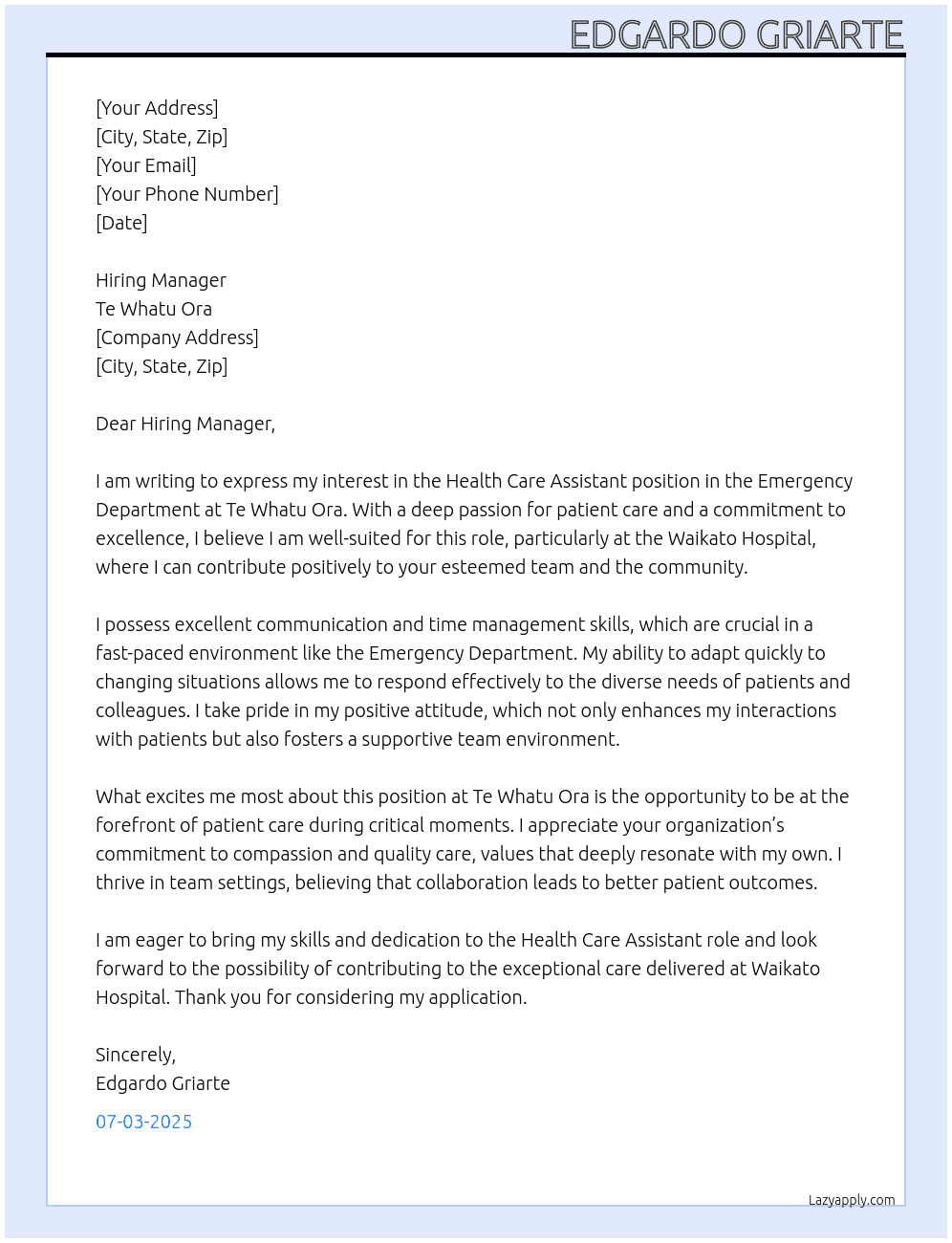 Cover letter for health care assistant - emergency department - LazyApply