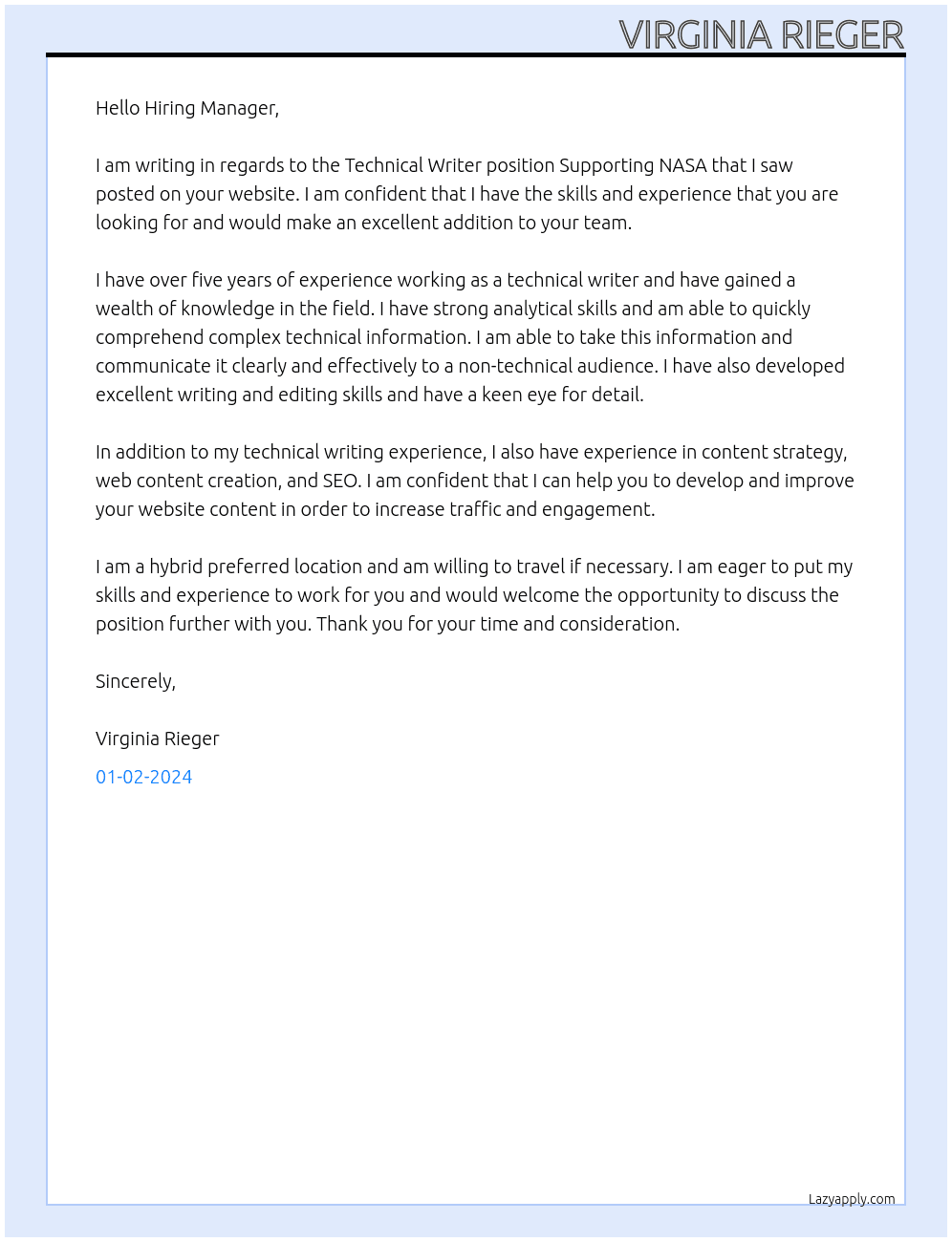 Technical Writer Supporting NASA At Bastion Cover Letter