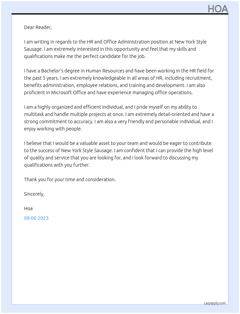 HR and Office Administration  At New York Style Sausage Cover Letter