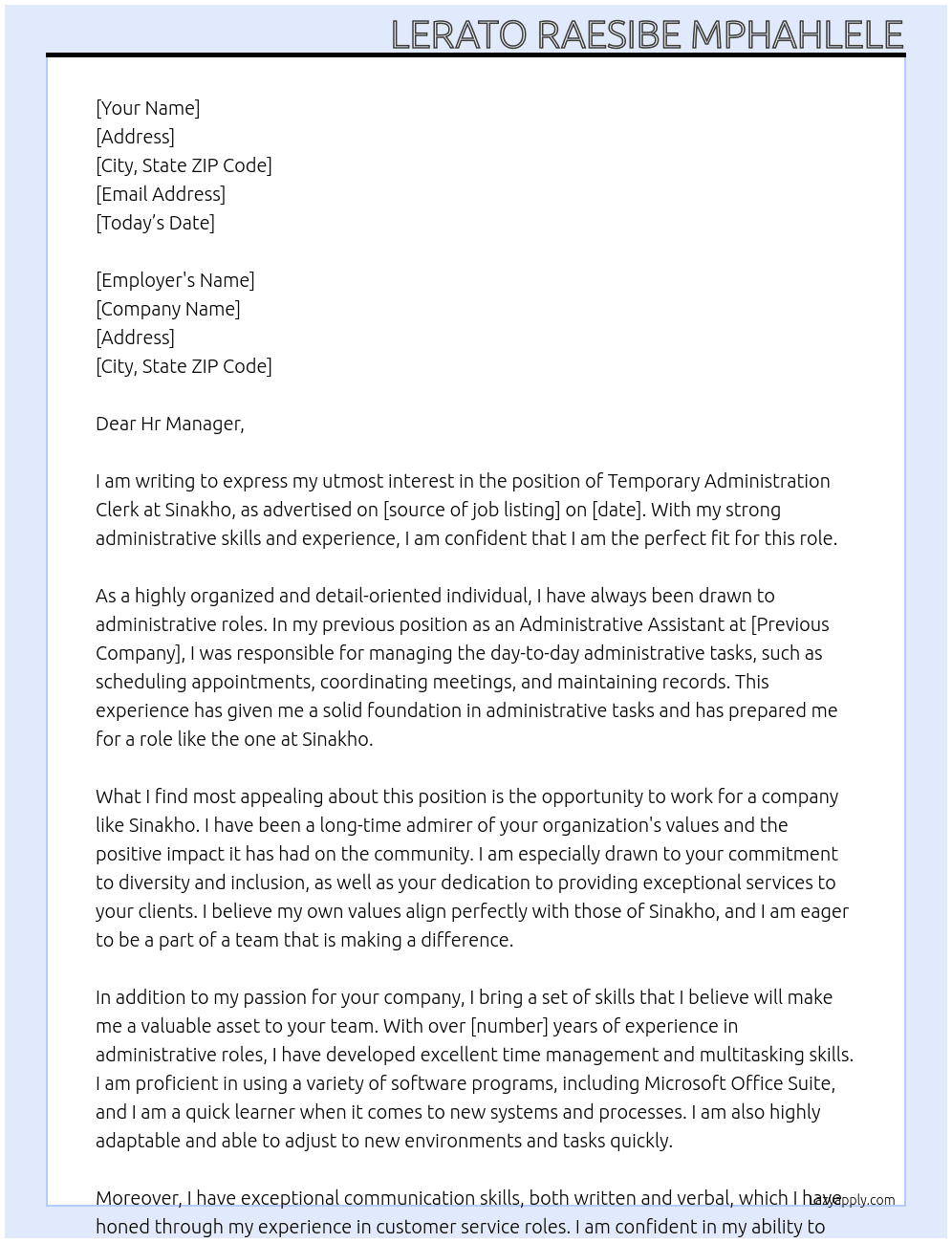 Temporary Adminitration Clerk At Sinakho Cover Letter