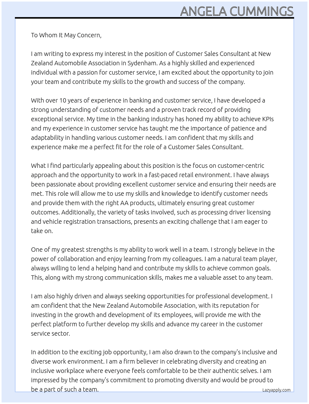 Customer Sales Consultant - Sydenham At New Zealand Automobile Association Cover Letter