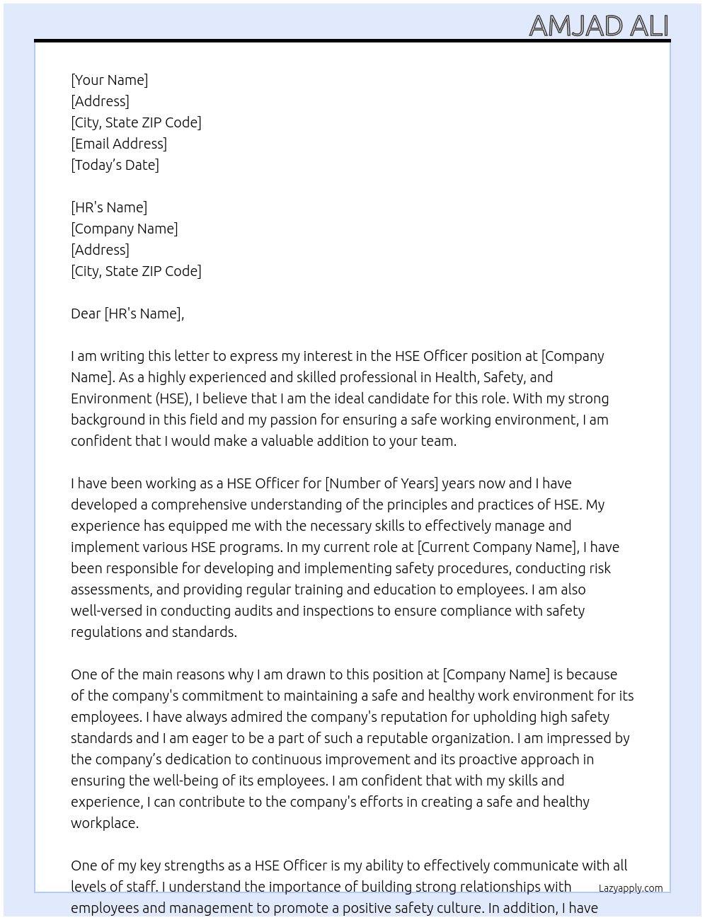 HSE Officer At HSE Cover Letter