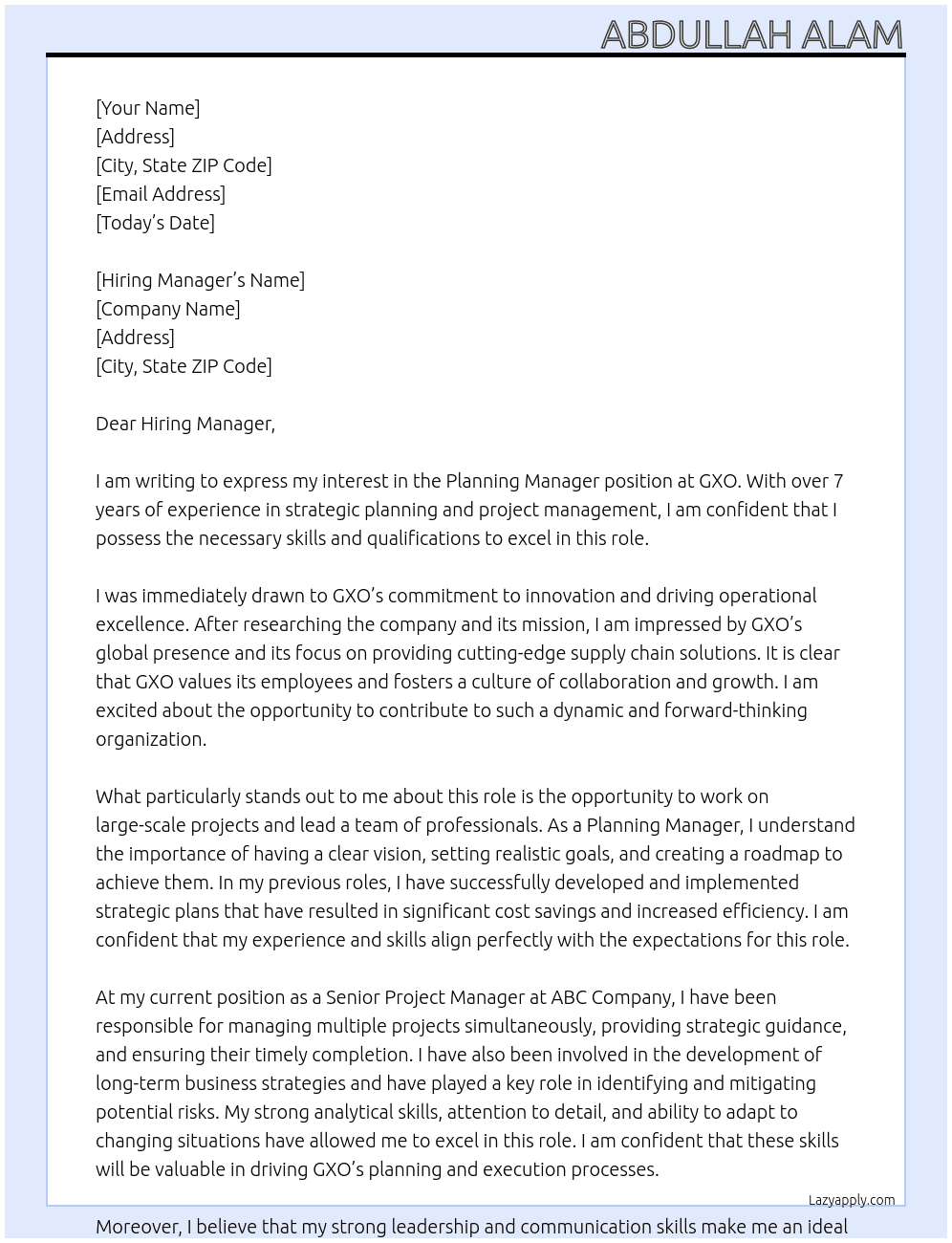 Planning Manager At GXO Cover Letter