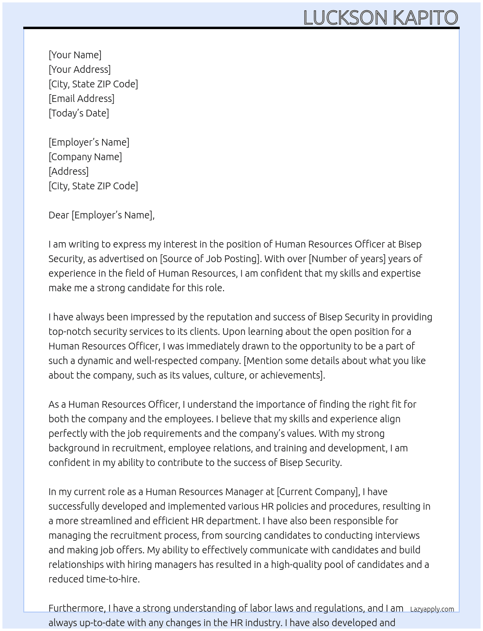 Human Resources Officer At Bisep Security Cover Letter