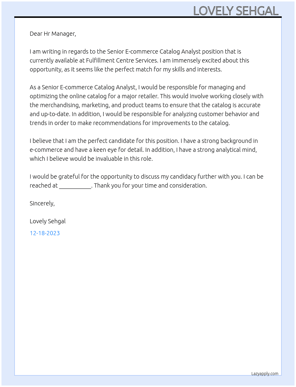 Senior E-commerce Catalog Analyst At Fulfillment Centre Services Cover Letter