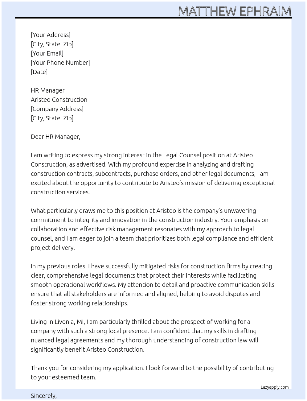 Legal Counsel At  Aristeo Construction Cover Letter