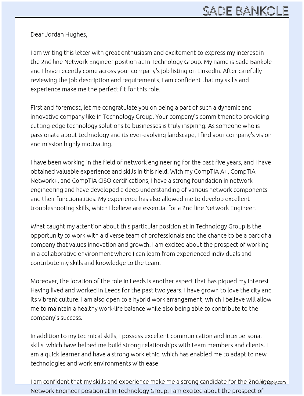 2nd line Network Enginner At In technology Group Cover Letter