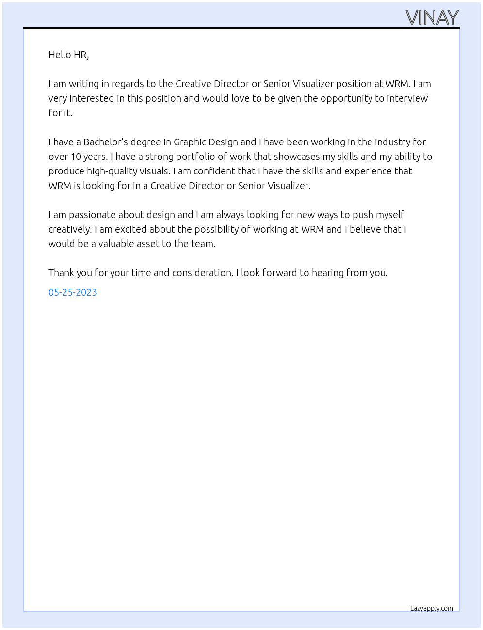 Creative director or Senior Visualizer At WRM Cover Letter