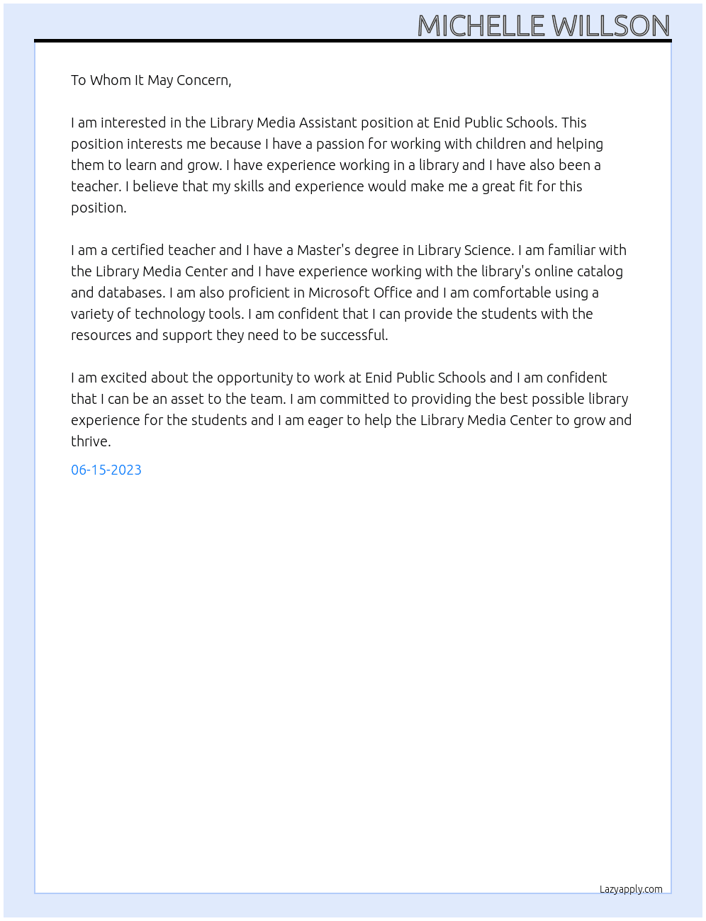 Library Media Assistant  At Enid Public Schools  Cover Letter