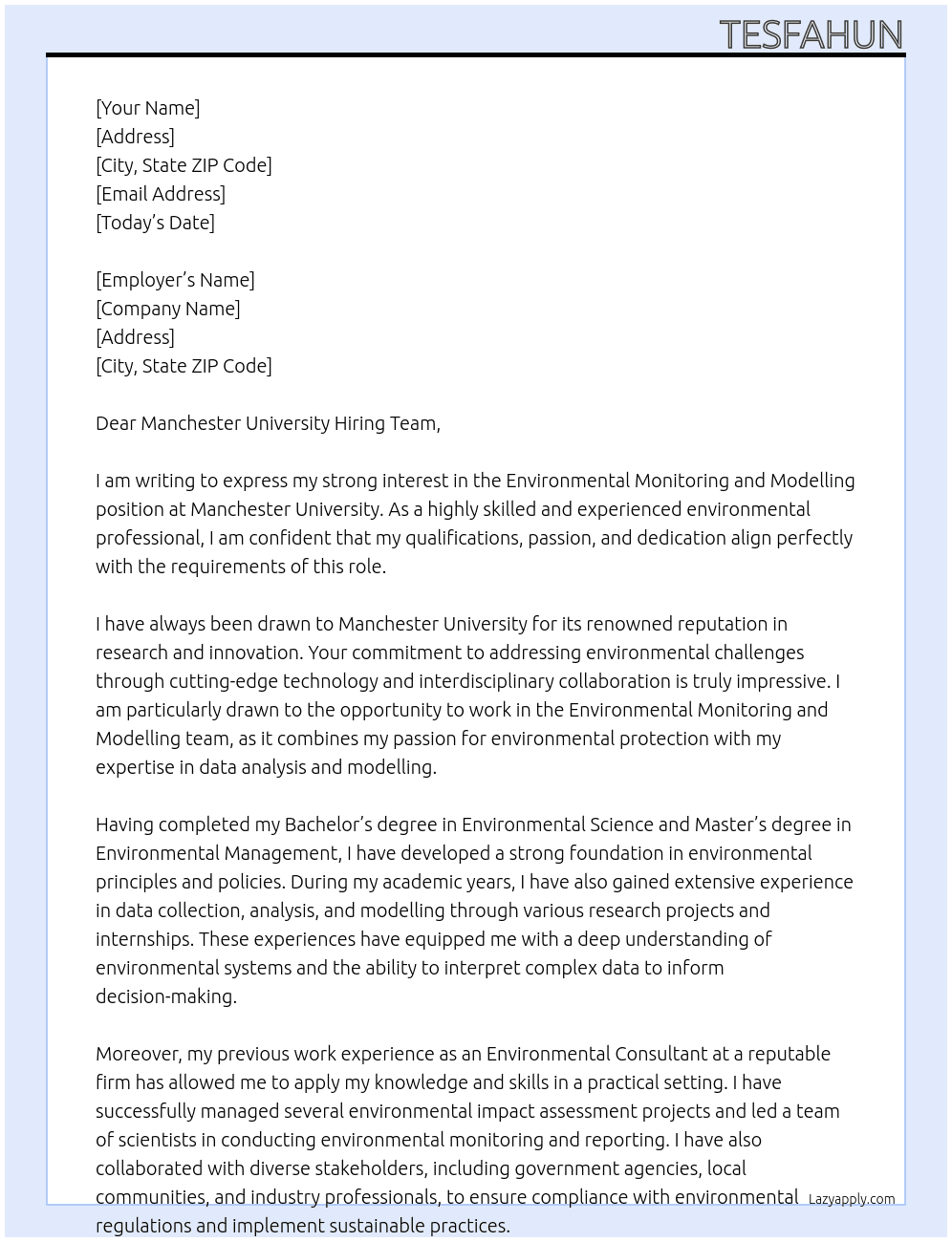 Environmental Monitoring and modelling At Manchester University Cover Letter