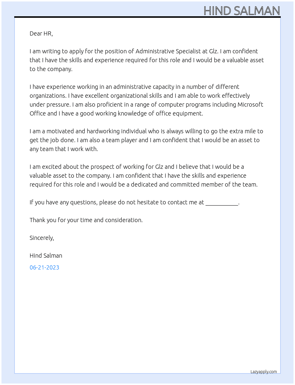 Administrative Specialist  At Glz Cover Letter