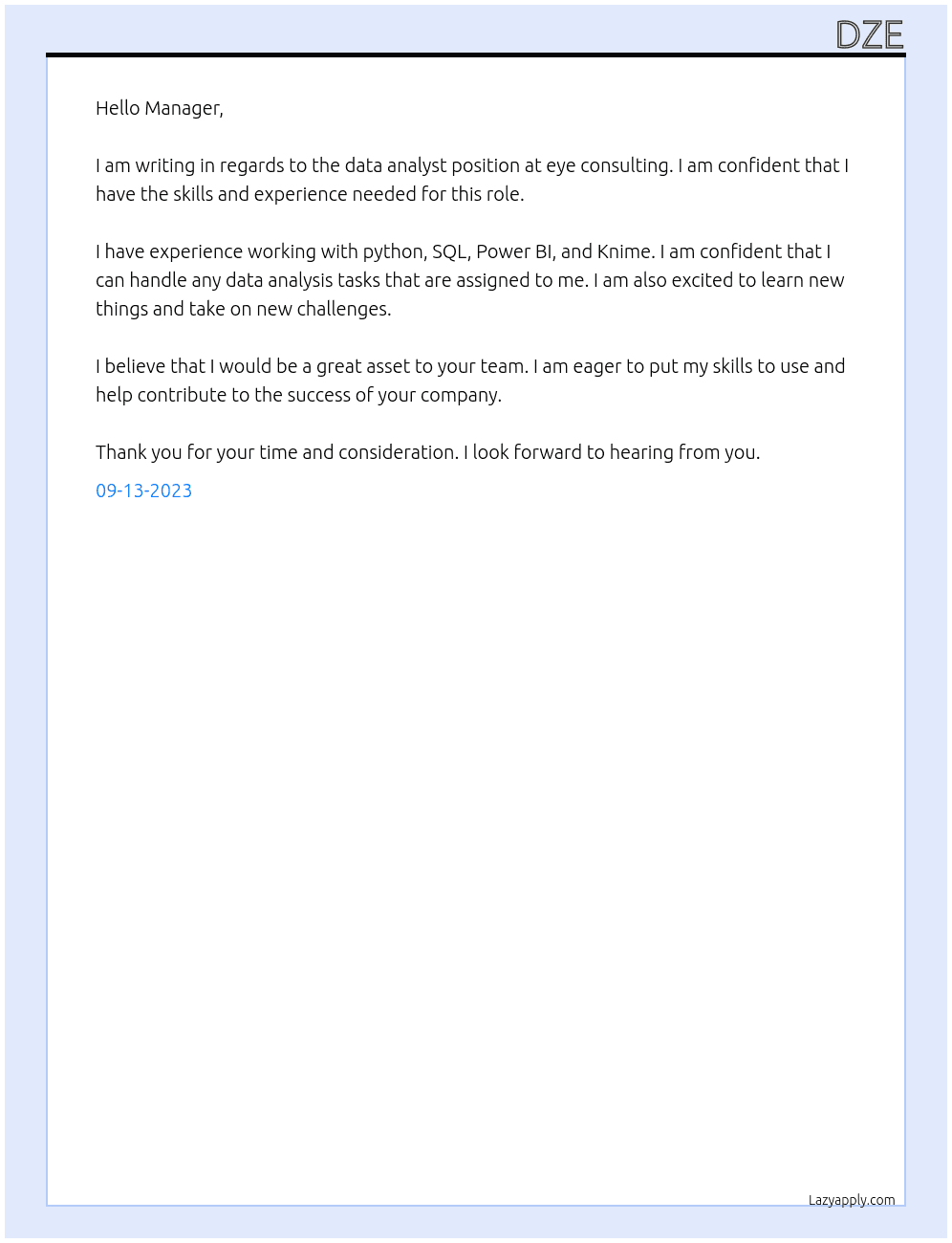 data analyst At eye consulting Cover Letter