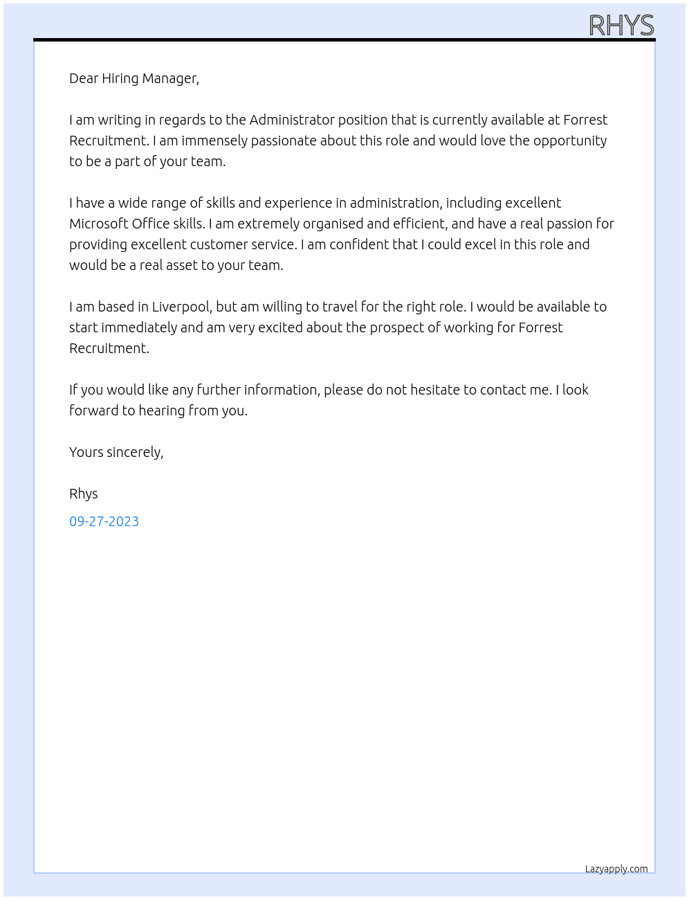 Administrator At Forrest Recruitment Cover Letter