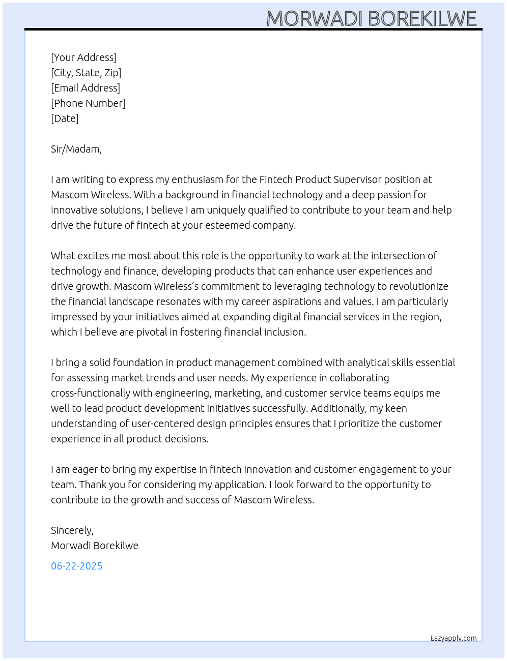 Fintech product supervisor  At Mascom Wireless  Cover Letter