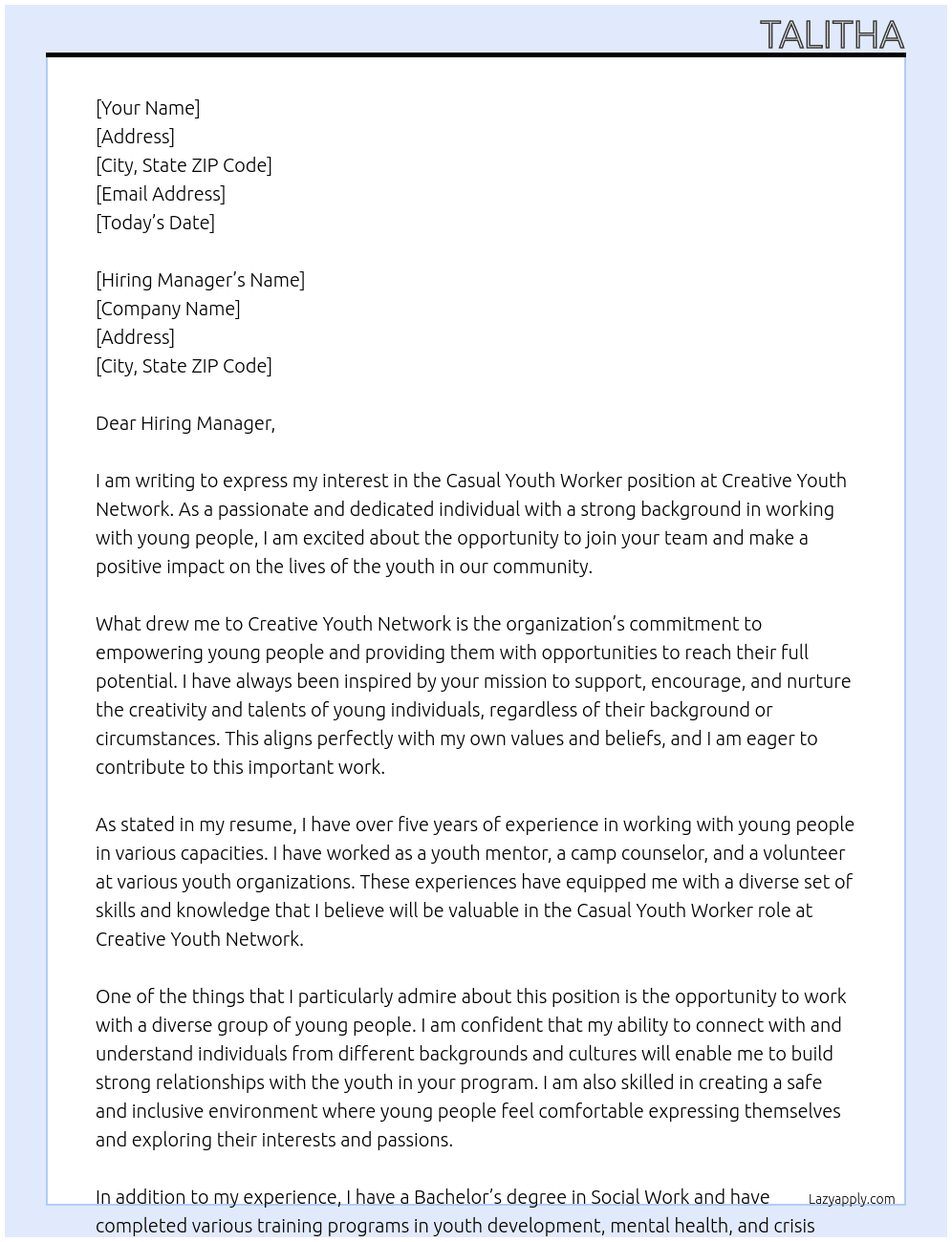 Casual Youth Worker At Creative Youth netwrok  Cover Letter