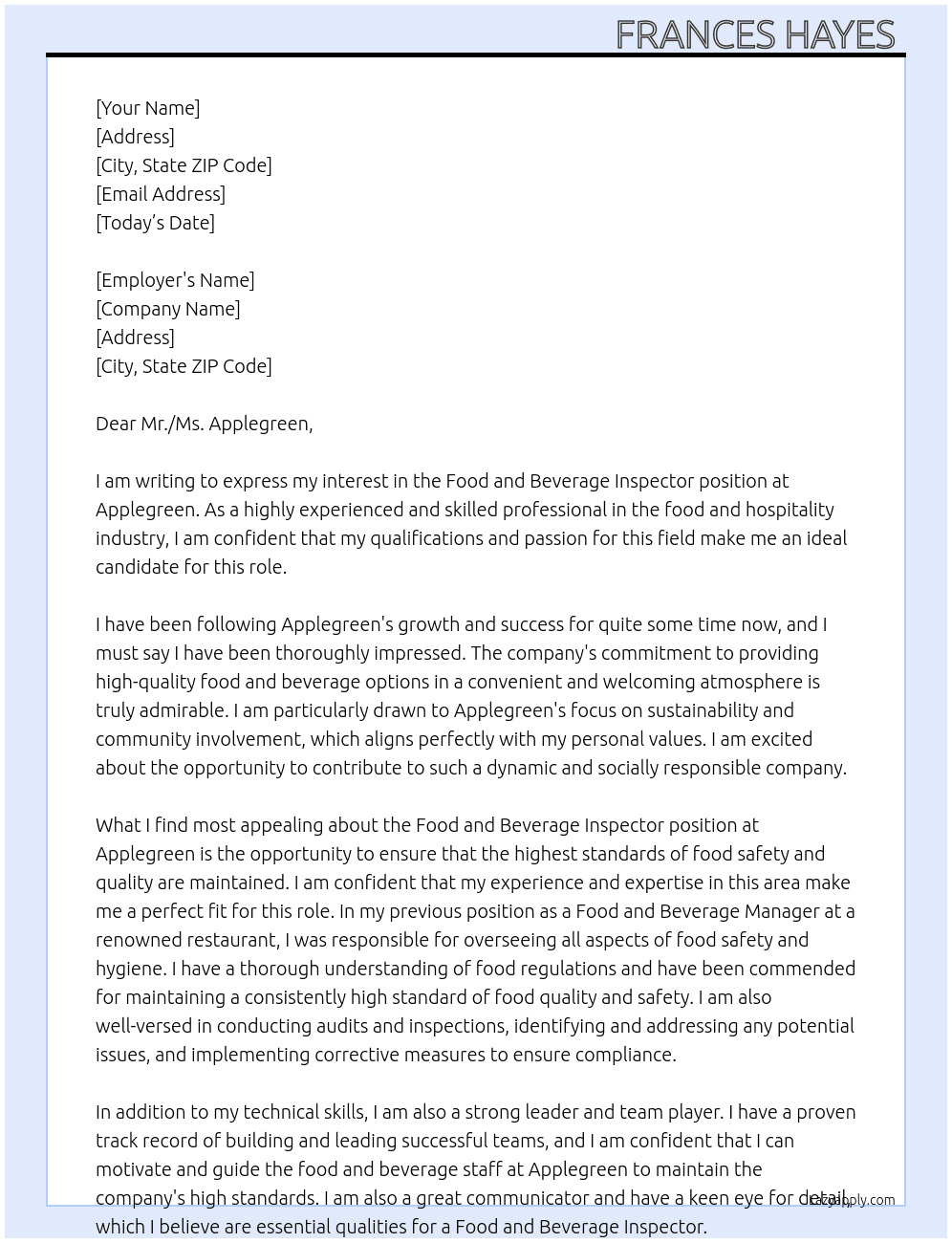 Food and beverage inspector At Applegreen Cover Letter