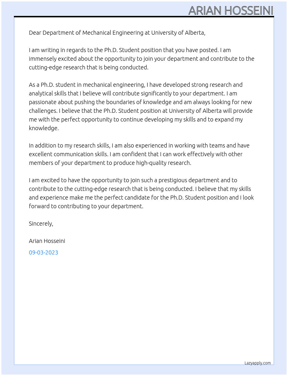 Ph.D. Student At Department of Mechanical Engineering at University of Alberta Cover Letter