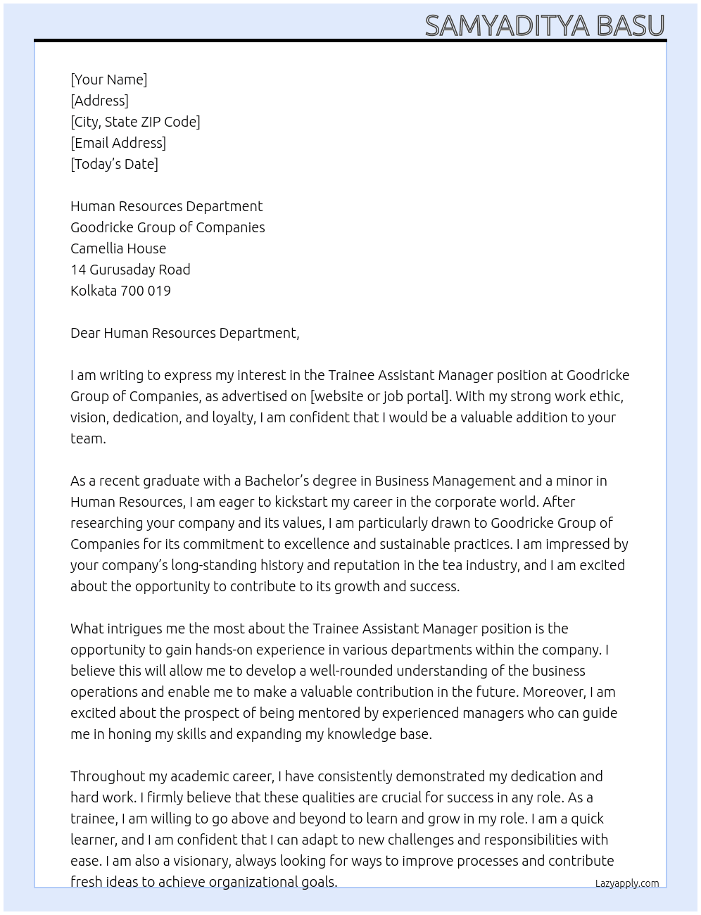 Cover letter for trainee assistant manager - LazyApply